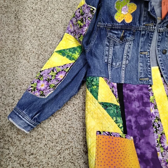 American Eagle Outfitters Patchwork Denim Jacket with Purple and Yellow Accents